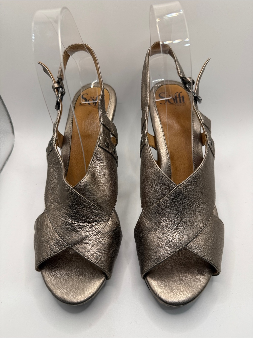 Sofft Metallic Pewter Cross‑Front Slingback Sandals